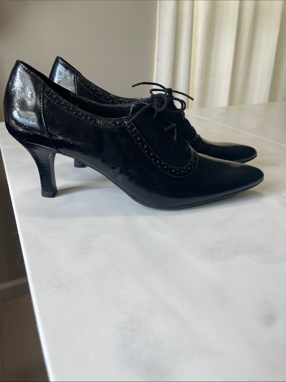 Nickels Black Patent Lace-Up Pointed-Toe Heels